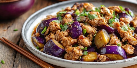 Fototapeta premium Savory Chinese dish with minced pork and vibrant purple eggplant garnished with green onions served on a rustic wooden table with chopsticks