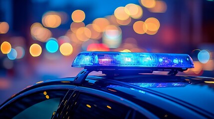 Close-up of a police car light bar illuminating a city street at night.