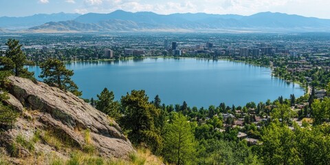 Obraz premium Panoramic view of a large lake with urban skyline and mountains in the background featuring green trees in the foreground under blue sky