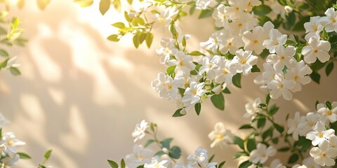 White jasmine flowers in soft sunlight, lush green leaves framing the image, with a warm creamy background and space for text on the right.