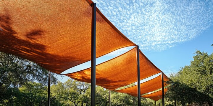 Orange shade structure positioned diagonally against a bright blue sky with white clouds, surrounded by lush green trees creating a vibrant contrast.