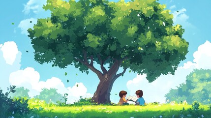 Two children enjoy a playful moment under a large, lush green tree on a sunny day.