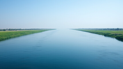 Fototapeta premium Serene Canal: A tranquil blue canal stretches to the horizon, flanked by lush green banks under a clear, serene sky. The image evokes a sense of calm and peace. 