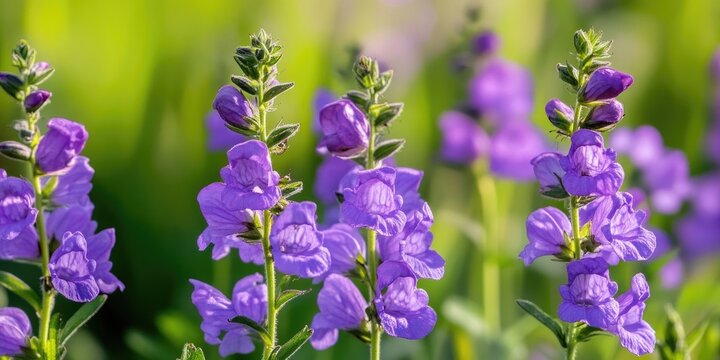 Vibrant purple marsh skullcap flowers in soft focus with lush green background creating ample copy space for illustrations or designs
