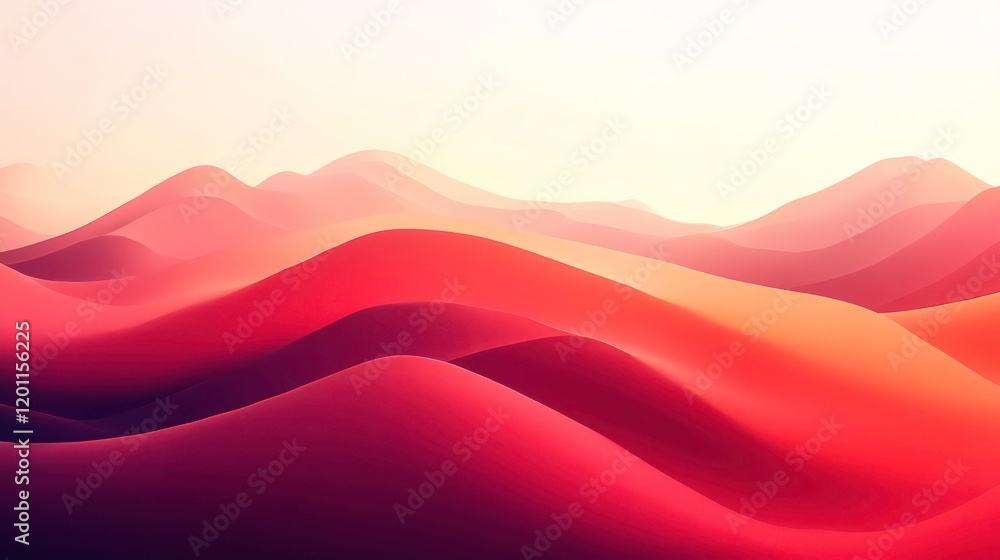 Poster abstract red and orange landscape with smooth, flowing hills and soft light.
