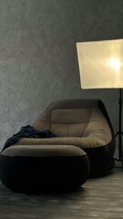 Interior of a room. Large cozy beige chair with softbox lamp. Modern living room. Concept cozy living room hosting setup