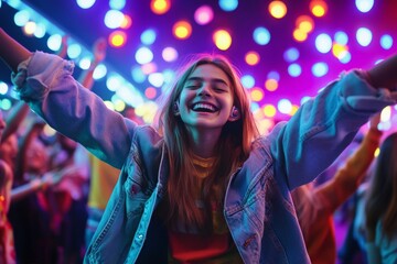 Fototapeta premium Young people gather at a vibrant music festival, dancing joyfully and cheering enthusiastically beneath a dazzling array of colorful lights that creates an energetic atmosphere