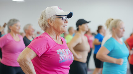 Active Seniors Fitness Class: Energetic senior women participate in a fitness class, showcasing health, vitality, and community spirit.