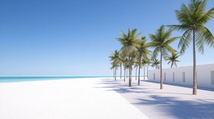 Tropical beach with palm trees and white buildings