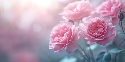 Fototapeta premium Soft focus pink roses with gentle pastel hues arranged on the right, set against a dreamy, blurred background creating a serene atmosphere.