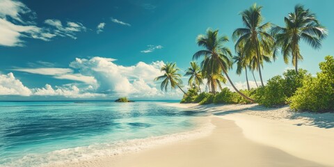 Tropical island beach scene featuring coconut palms, soft sandy shore, and crystal-clear turquoise water under a bright blue sky with clouds.