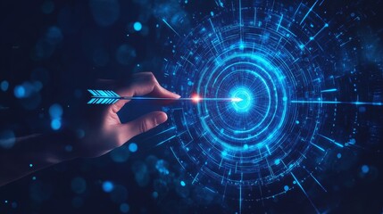 A hand reaching towards a glowing digital target in a futuristic network.