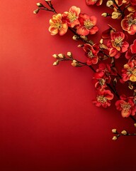 Abstract flowers in Chinese style. Concept for Lunar New Year holiday. 3d red and golden flowers background.