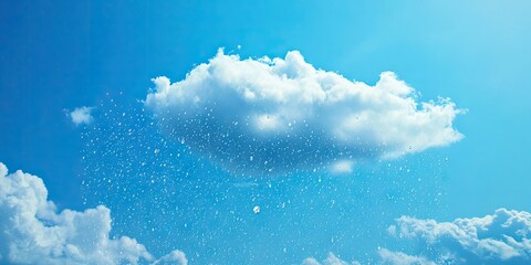 Bright blue sky with a soft white rain cloud centered above, gentle rainfall visible, vibrant summer atmosphere, ample clear space for text placement.