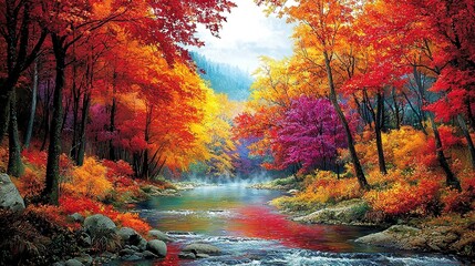 Autumn River, Colorful Foliage