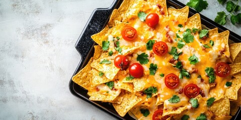 Cheesy nacho chips topped with cherry tomatoes and cilantro on a black tray against a light background with ample copy space for text