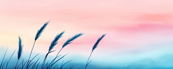 Obraz premium Cloudy watercolor idea. A serene landscape featuring tall grass silhouetted against a colorful sunset sky.