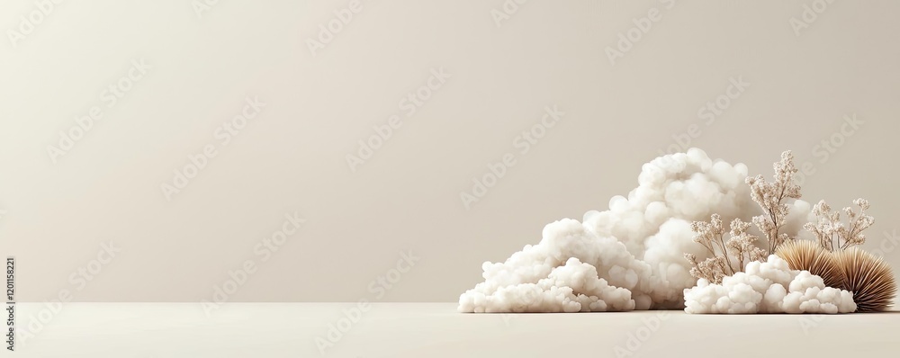 Poster cloudy watercolor idea. a serene arrangement of clouds and natural elements on a minimalistic surfac