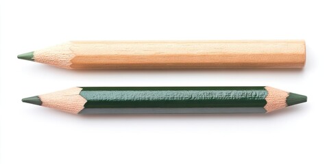 Obraz premium Green sharpened pencil above a dull wooden pencil on a white background showcasing contrast in color and texture for artistic representation.