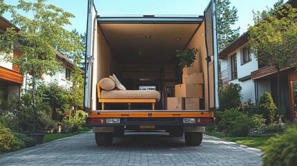 A moving truck parked outside a house, loaded with boxes and furniture for relocation.