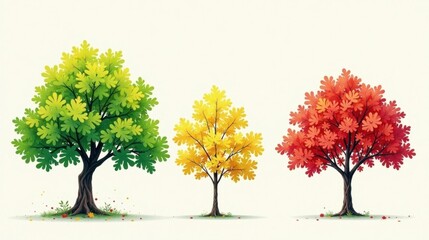 Obraz premium A Trio of Trees Showcasing Seasonal Foliage Changes Through Spring, Summer, and Autumn