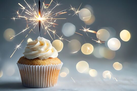 Cupcake With Sparkler Surrounded By Soft Bokeh Lights