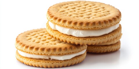 Delicious sandwich biscuits filled with creamy center stacked on top of each other on a white background showcasing their golden color and texture