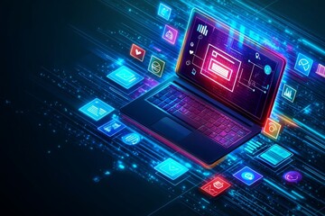 Futuristic Laptop with Neon Icons and Data Streams