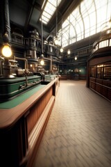 Fototapeta premium Historical bar interior vintage pub 3d rendering elegant design wide angle atmospheric ambiance