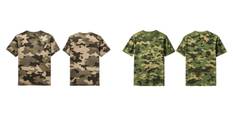 T-shirt mockup design. Camo pattern T shirts in various colors and styles transparent background