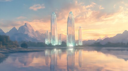 A serene landscape featuring transparent crystal structures emerging from a calm reflective body of water under a soft sky