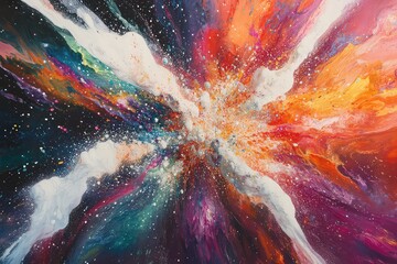 A dynamic graphic of white particles bursting into a vivid array of colorful powders, creating an abstract effect.