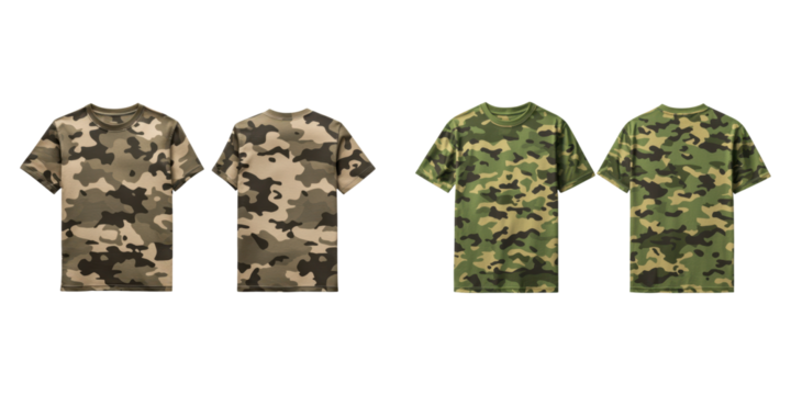 T-shirt mockup design. Camo pattern T shirts in various colors and styles transparent background
