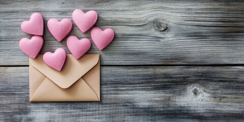 Fototapeta premium Pink hearts scattered around a brown envelope on a rustic wooden surface with ample copy space for Valentine's Day themed designs.