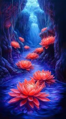 Bioluminescent Crimson Flowers Illuminate a Subterranean Grotto