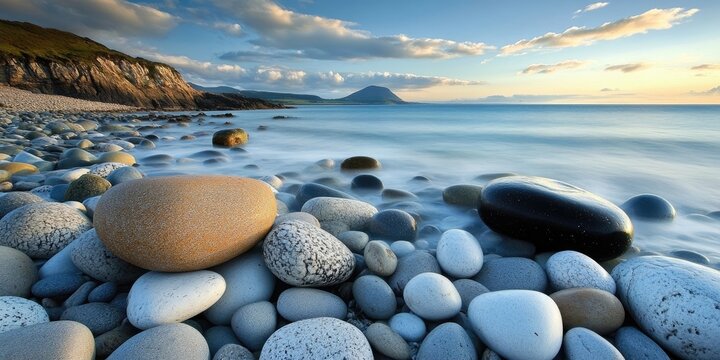 Stones in varying shades of gray and beige line the shore, with a tranquil blue sea and a mountain backdrop under a cloudy sky at sunset.