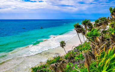 Playa Santa Fe tropical paradise beach panorama view Tulum Mexico.