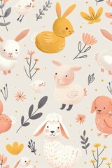 Obraz premium Gentle nature: cartoon lambs and bunnies in pastel tones
