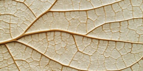 Dried leaf skeleton with intricate veins in earthy beige tones against a textured cream background showcasing natural patterns and details.
