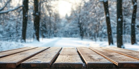 Fototapeta premium Wooden table in foreground with empty surface against a snowy winter forest background featuring soft sunlight filtering through trees