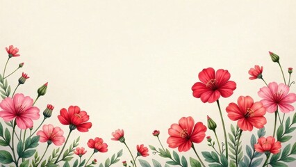 Delicate Watercolor Floral Border with Pink and Red Blossoms on a Cream Background, Ideal for Elegant Invitations and Announcements