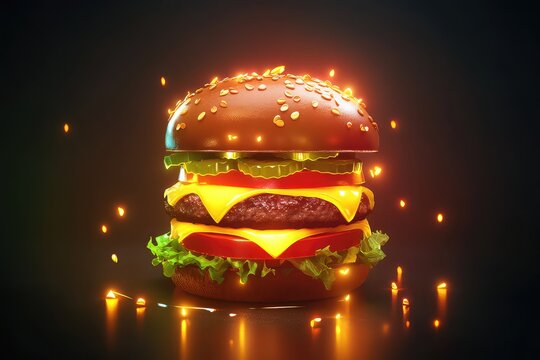 A dynamic isometric burger with an animation of rotating layers and glowing highlights, ideal for creative projects.