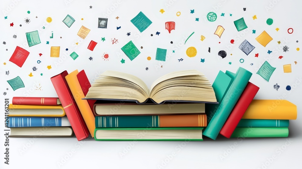 Poster open book atop a stack of colorful books with playful icons floating above