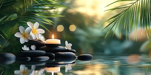 Tranquil spa setting with stacked black stones white frangipani flowers palm leaves and a lit candle reflecting in calm water background