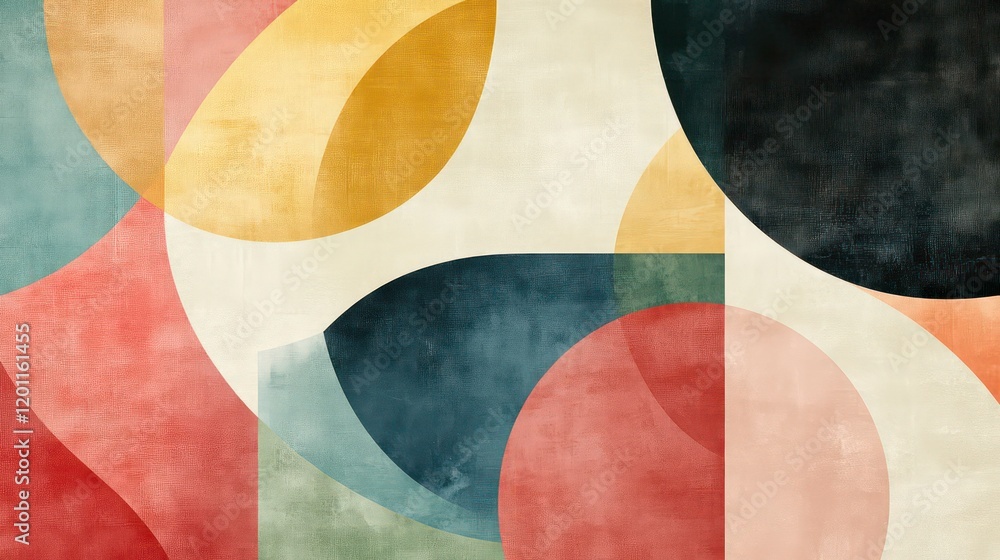 Poster abstract geometric shapes in muted colors with a textured background.