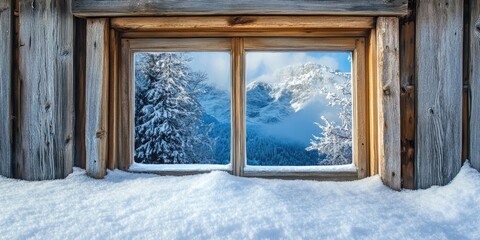 Rustic wooden framed window with snowy landscape and mountains in the background blue sky white snow peaceful winter scene