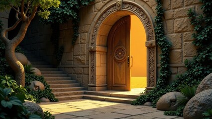 Fototapeta premium Secret Garden Entrance to a Golden Horizon An Ornate Wooden Doorway Opens to a Mystical Path Beyond a Stone Staircase and Lush Greenery