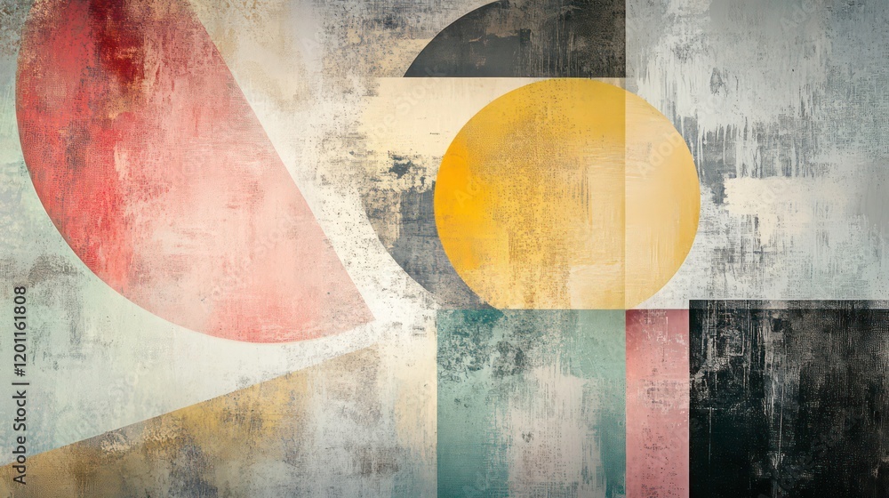 Poster Abstract geometric art with textured background featuring circles, triangles, and squares in muted tones.
