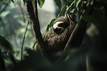 Obraz premium close up photo of a slow loris hugging a tree trunk, dark eye bags, cute facial expression, lazy animal
