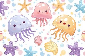 Ocean's lightness: jellyfish, starfish, and shells in cartoon illustration